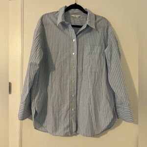 MNG button down blue white stripped shirt size L (J134)